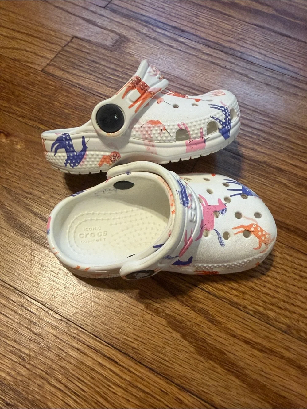 CROCS Kids White Clogs with Pink, Orange & Blue Deer Print